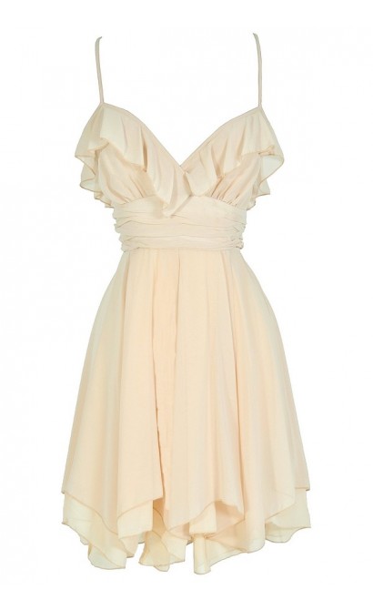 Flowers In The Water Tiered Ruffle Designer Dress in Beige